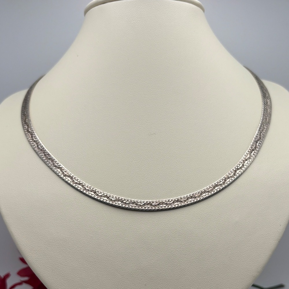 Vtg Italy 925 Sterling Silver Reversible Etched Herringbone Chain Necklaceโ 17"